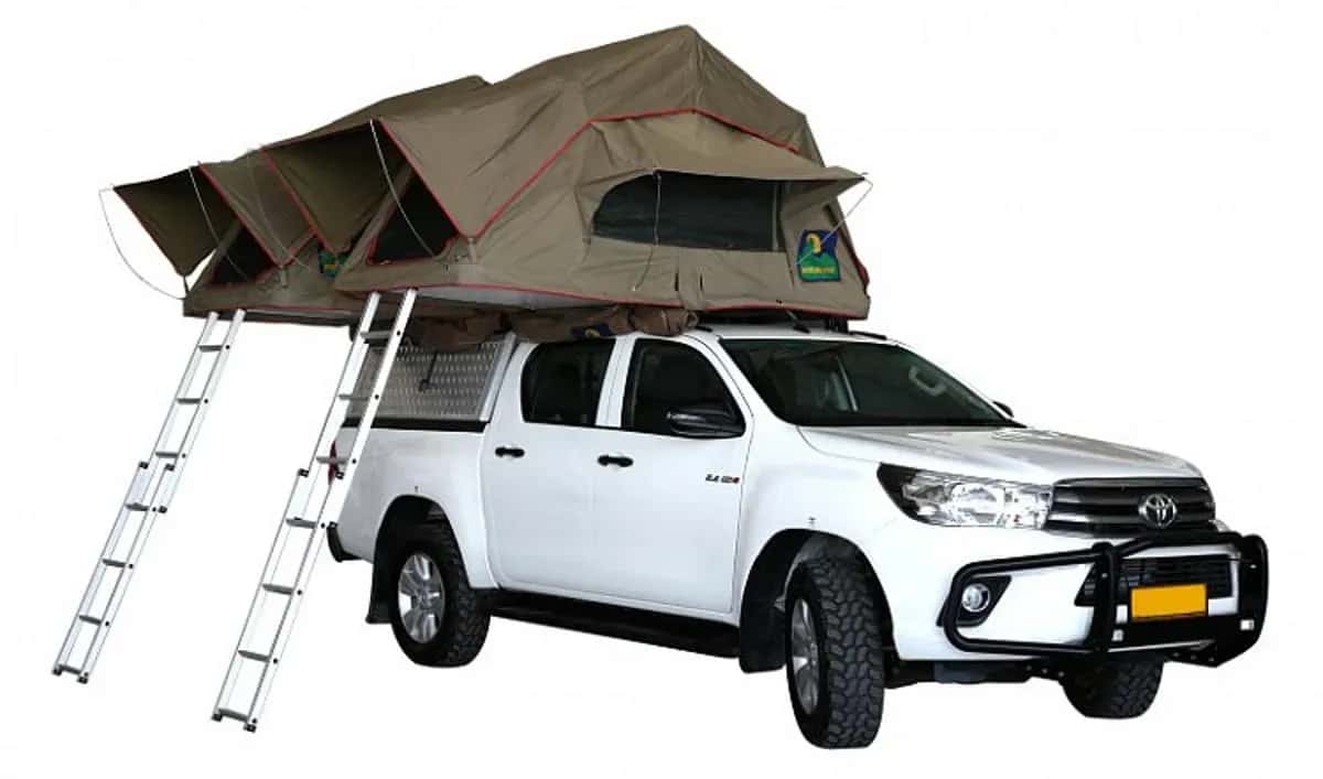 Namibia, Asco Car Hire, Budget VHH Hilux DC 2.4TD, Dachzelt und Leiter