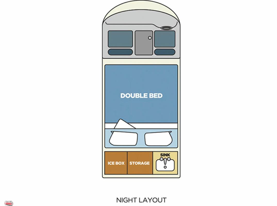 Darstellung des Innenausbaus mit aufgebautem Bett im Chubby Camper