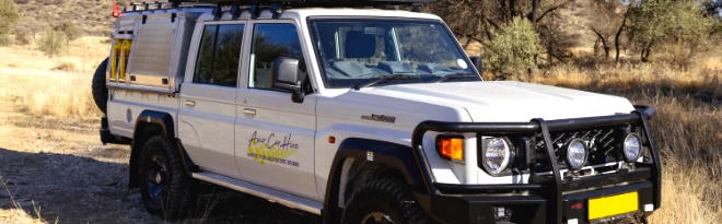 Group P Landcruiser DC 2.8TD von Asco Car Hire in trockener Landschaft in Namibia