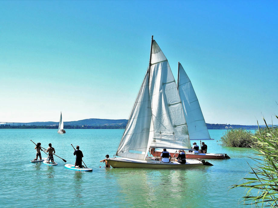 Menschen segeln und paddeln auf See